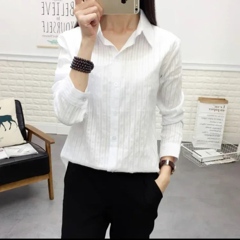 100% Cotton Shirt High Quality Women Blouse Autumn Long Sleeve Solid White Shirts Slim Female Casual Ladies Tops