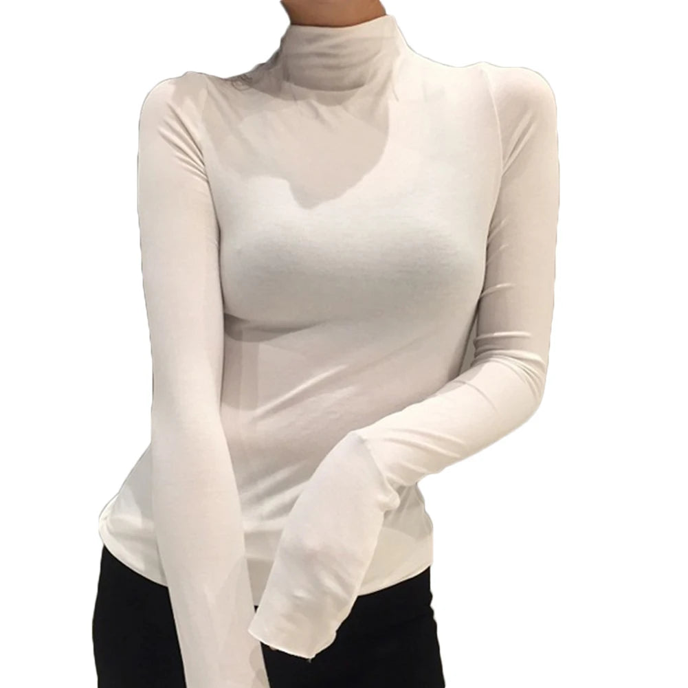 Sexy Top Women Shirts Casual Solid Color Base Shirt Long Sleeve Turtle Neck Slim Top Black White All-Match Simple T Shirt