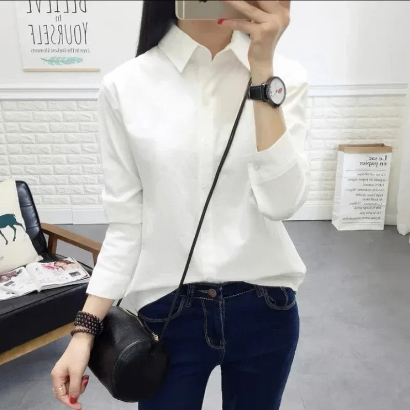 100% Cotton Shirt High Quality Women Blouse Autumn Long Sleeve Solid White Shirts Slim Female Casual Ladies Tops