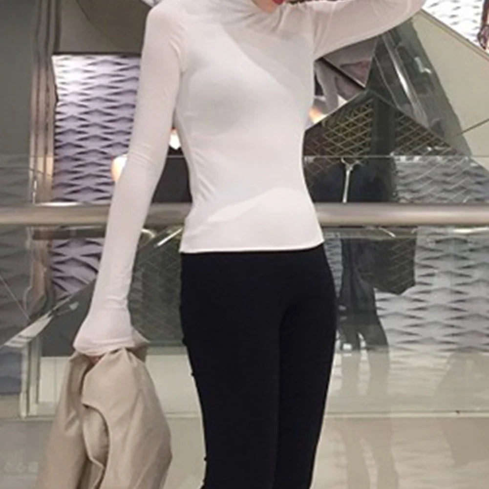 Sexy Top Women Shirts Casual Solid Color Base Shirt Long Sleeve Turtle Neck Slim Top Black White All-Match Simple T Shirt