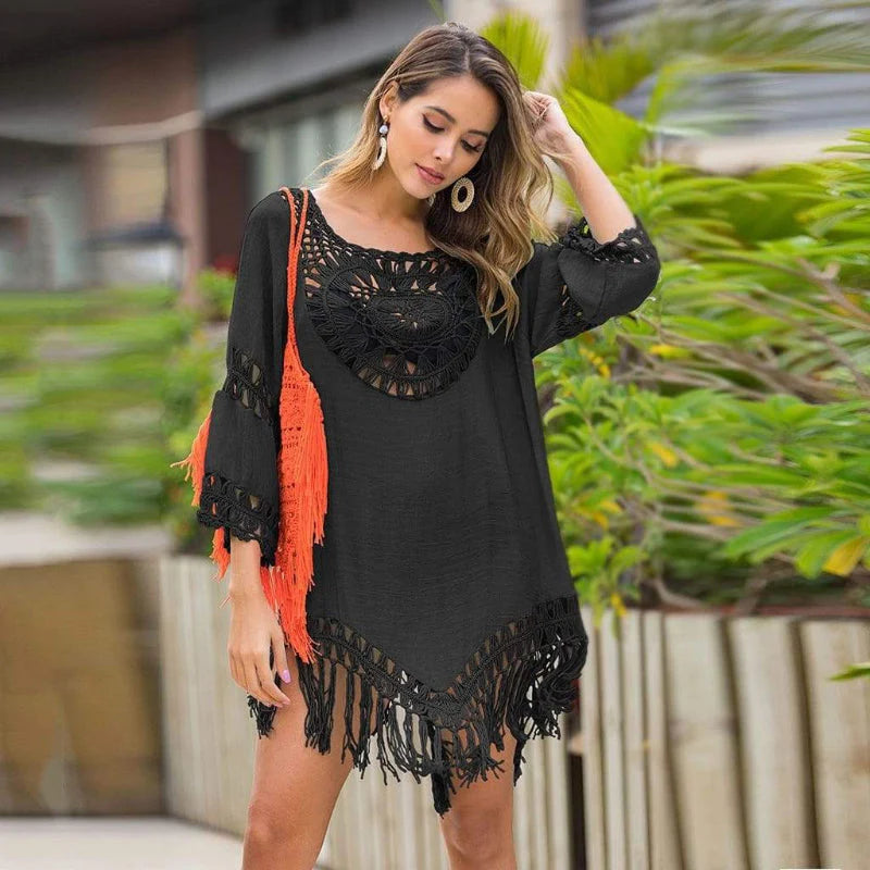 Boho Sexy Beach Cover up Hollow Out Tassels