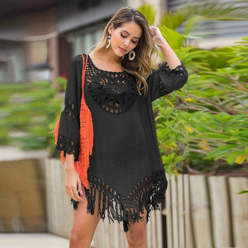 Boho Sexy Beach Cover up Hollow Out Tassels