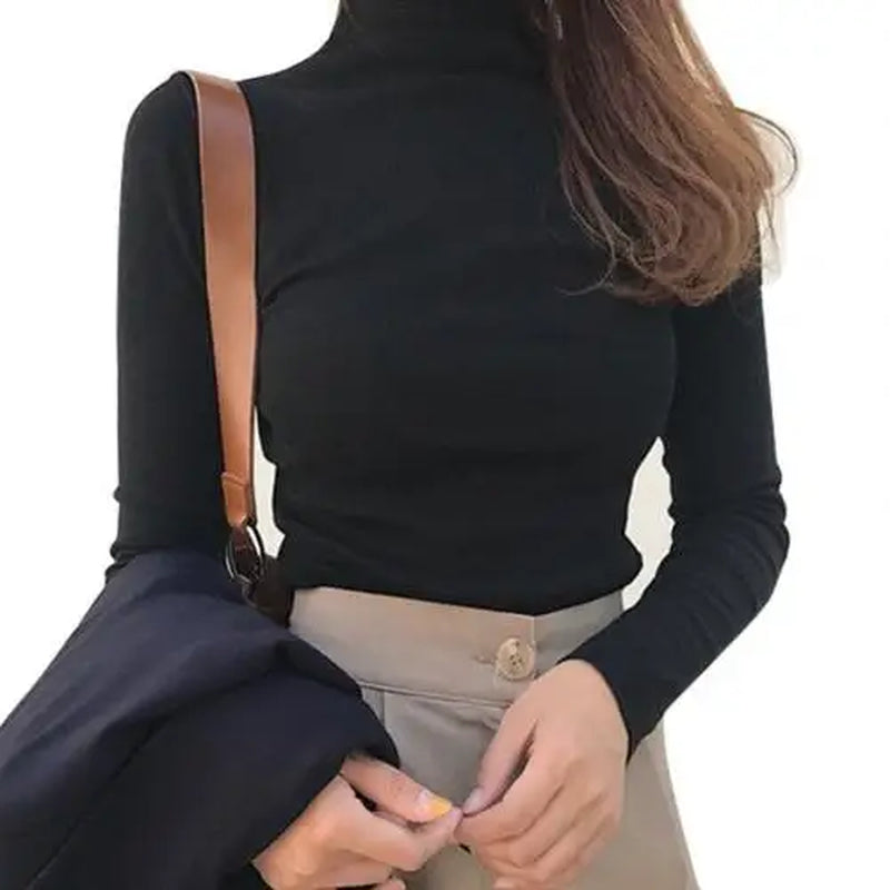 Sexy Top Women Shirts Casual Solid Color Base Shirt Long Sleeve Turtle Neck Slim Top Black White All-Match Simple T Shirt