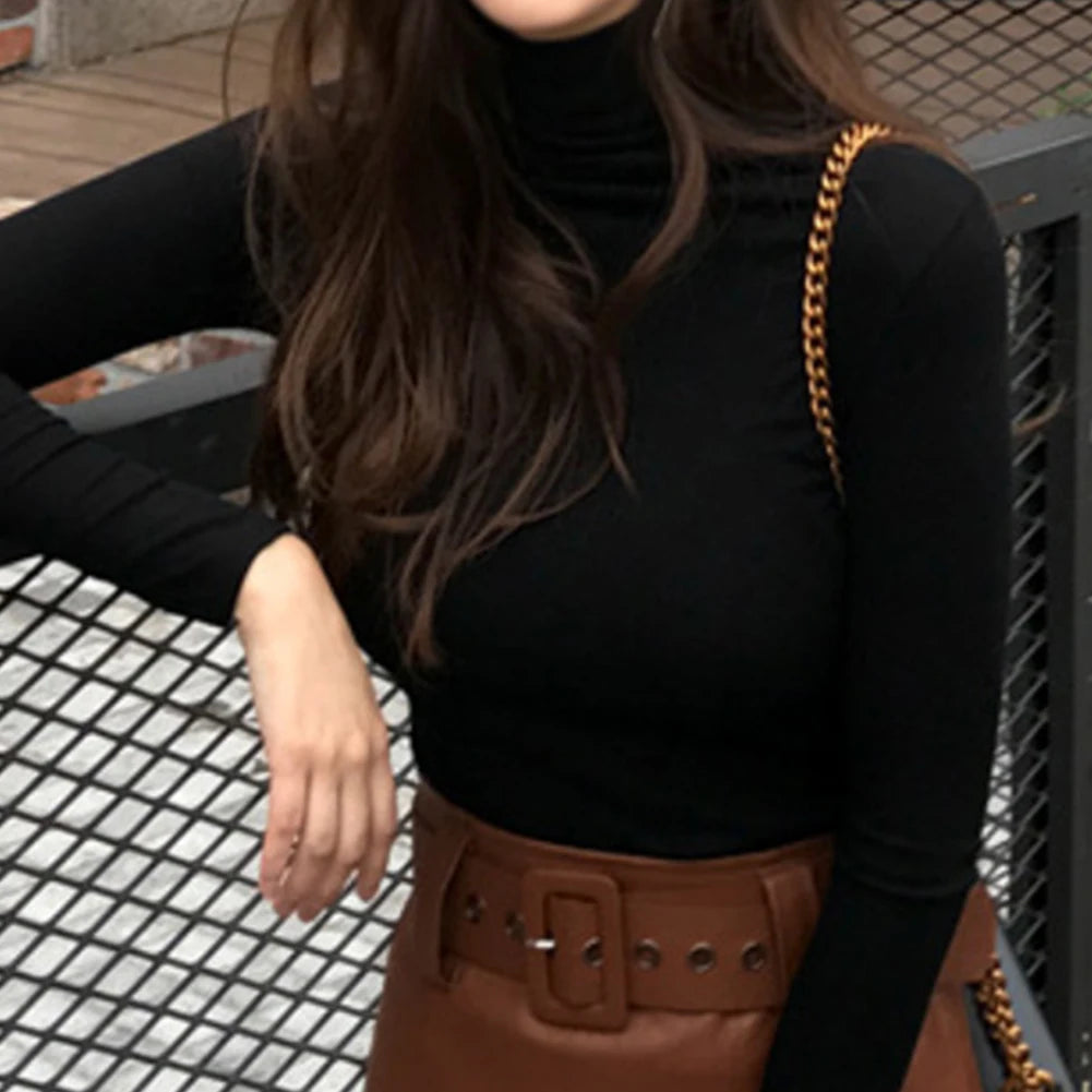 Sexy Top Women Shirts Casual Solid Color Base Shirt Long Sleeve Turtle Neck Slim Top Black White All-Match Simple T Shirt